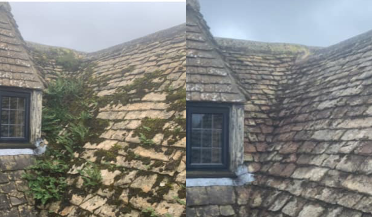 A before and after roof clean image